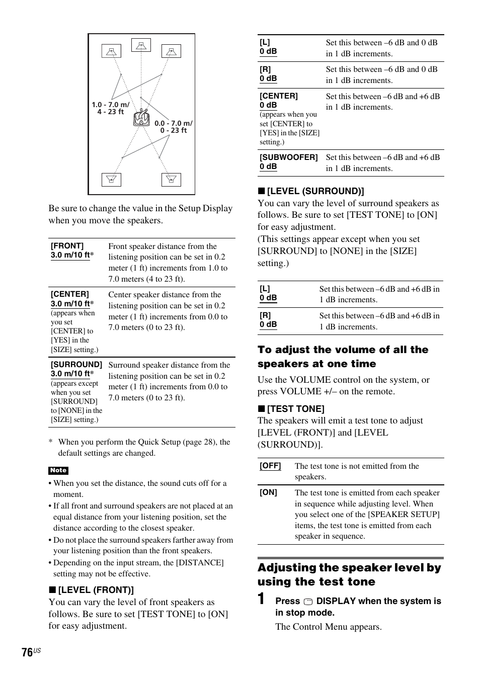 Adjusting the speaker level by using the test tone | Sony DX250 User Manual | Page 76 / 96