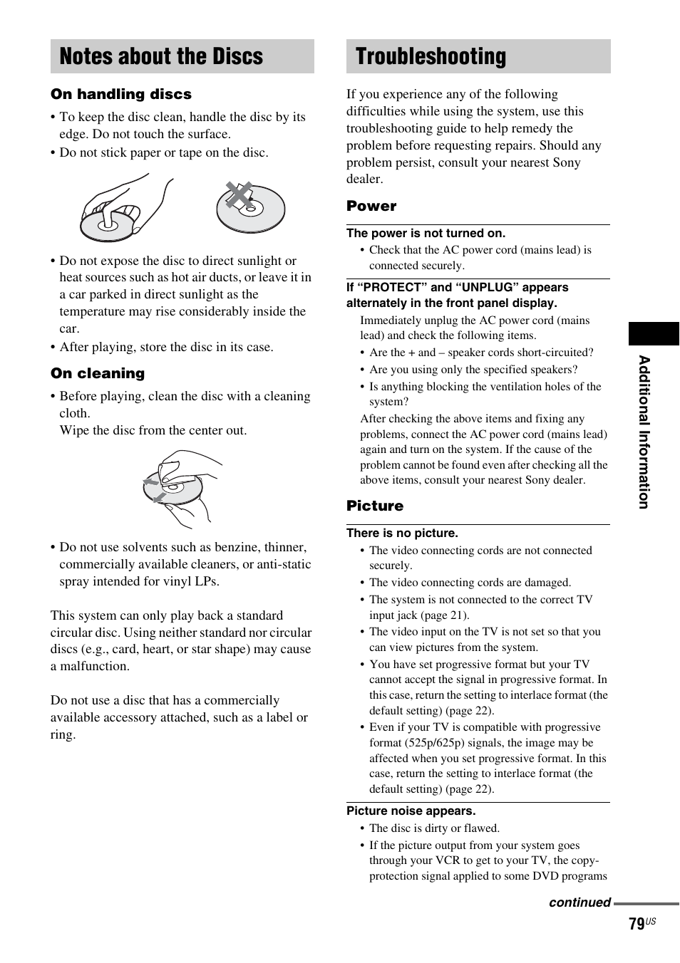 Notes about the discs, Troubleshooting, Notes about the discs troubleshooting | Sony DX250 User Manual | Page 79 / 96