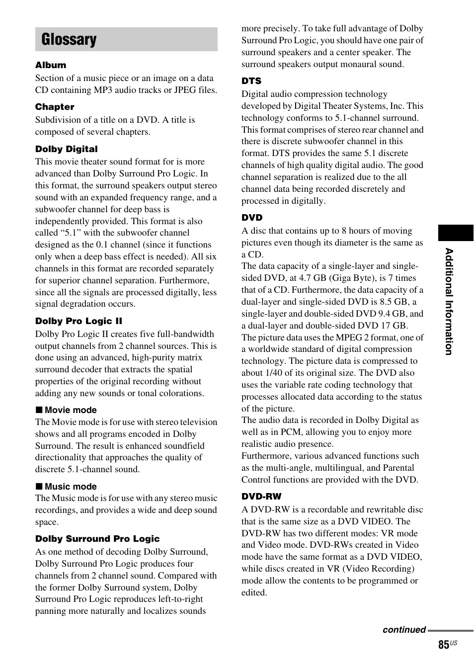 Glossary | Sony DX250 User Manual | Page 85 / 96