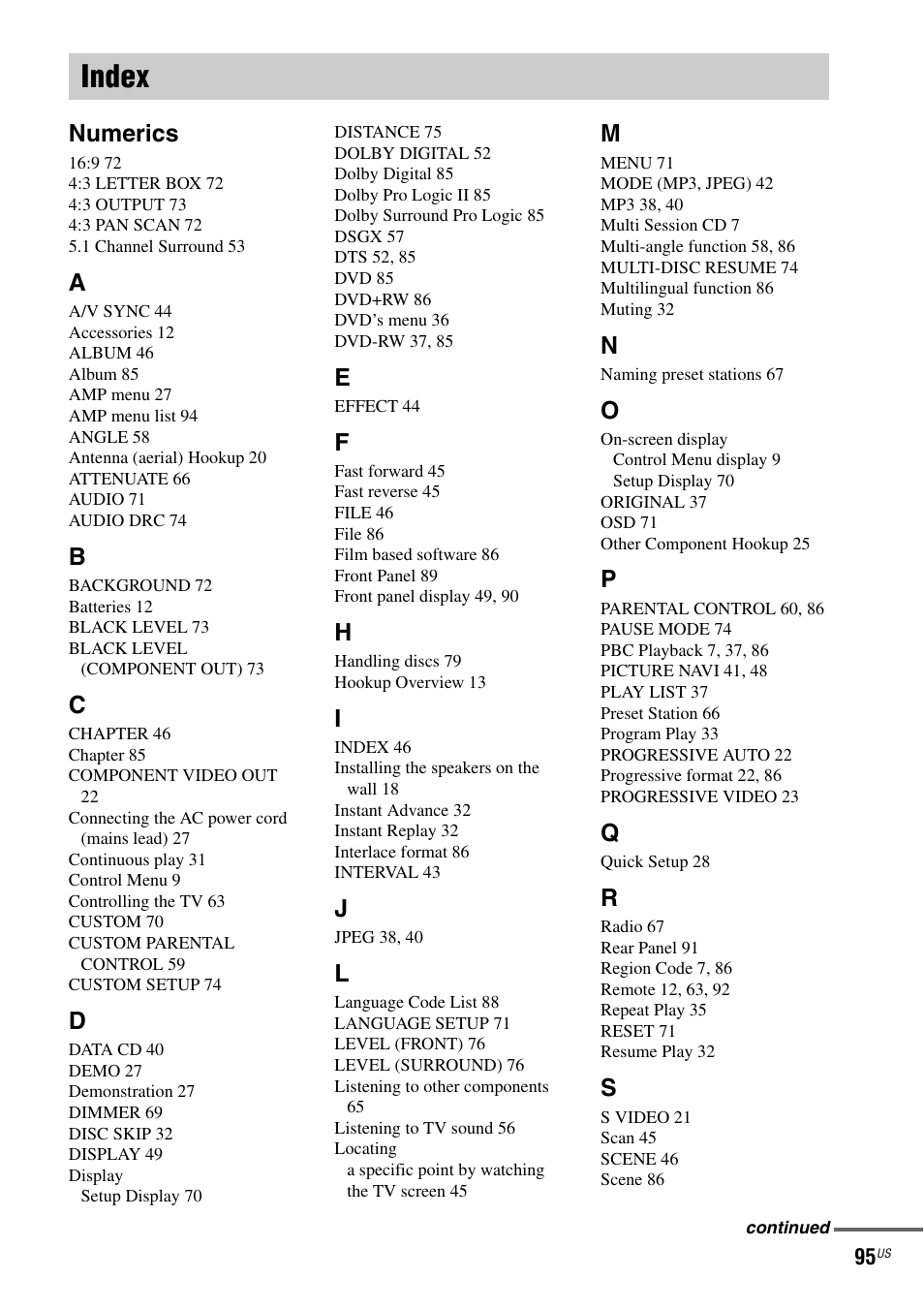 Index, Numerics | Sony DX250 User Manual | Page 95 / 96