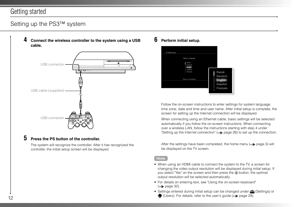 Getting started, Setting up the ps3™ system | Sony 160GB Playstation 3 CECHP01 User Manual | Page 12 / 100