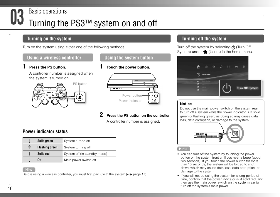 Turning the ps3™ system on and off, Basic operations | Sony 160GB Playstation 3 CECHP01 User Manual | Page 16 / 100