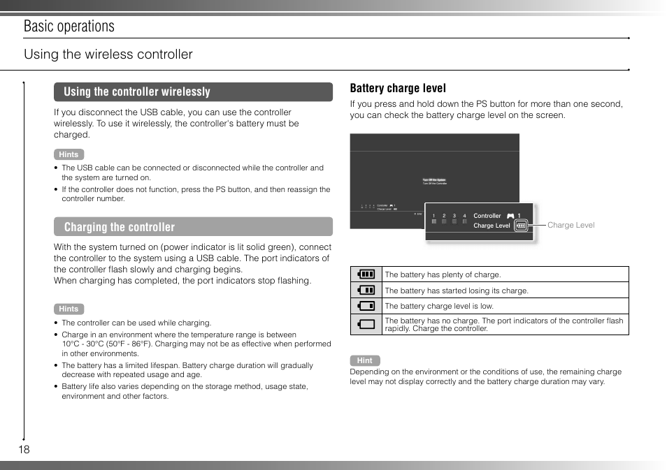 Basic operations, Using the wireless controller, Using the controller wirelessly | Charging the controller, Battery charge level | Sony 160GB Playstation 3 CECHP01 User Manual | Page 18 / 100