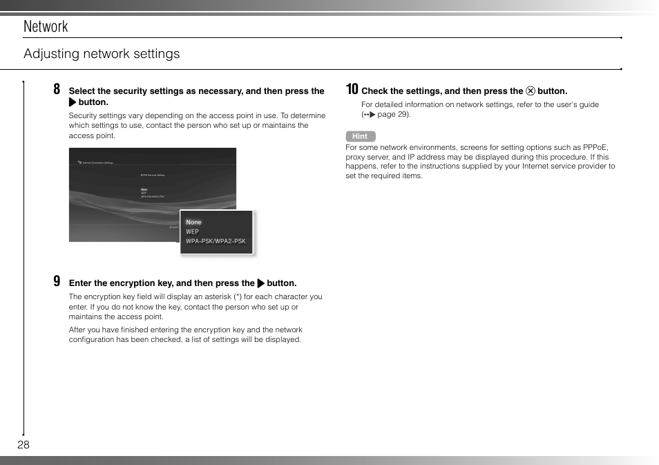 Network, Adjusting network settings | Sony 160GB Playstation 3 CECHP01 User Manual | Page 28 / 100