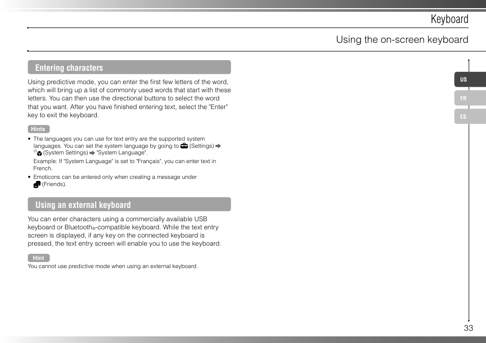 Keyboard, Using the on-screen keyboard, Entering characters | Using an external keyboard | Sony 160GB Playstation 3 CECHP01 User Manual | Page 33 / 100