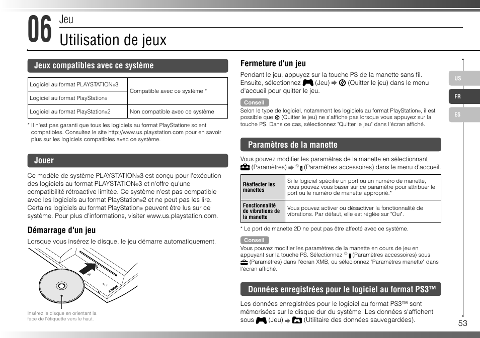 Utilisation de jeux, Jeux compatibles avec ce système, Jouer | Démarrage d'un jeu, Fermeture d'un jeu, Paramètres de la manette | Sony 160GB Playstation 3 CECHP01 User Manual | Page 53 / 100