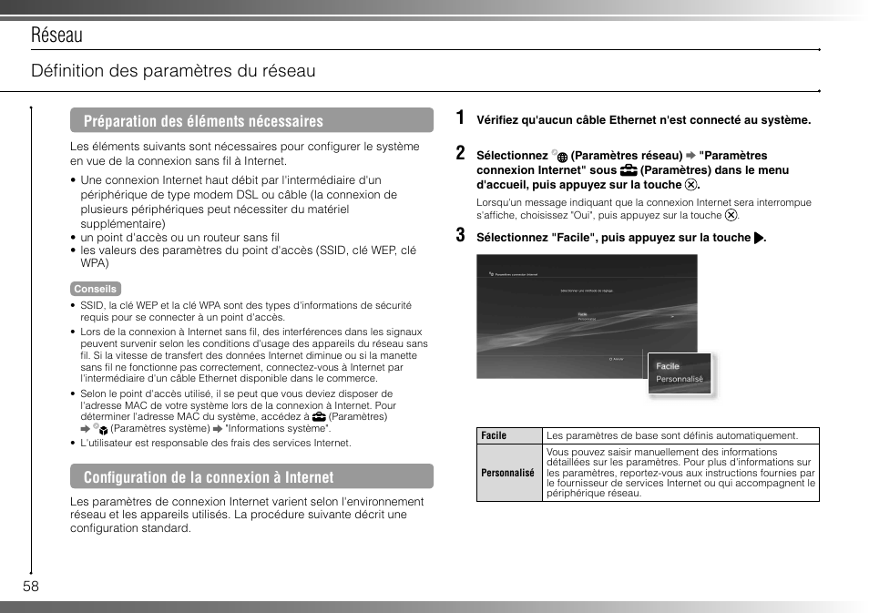 Réseau, Défi nition des paramètres du réseau | Sony 160GB Playstation 3 CECHP01 User Manual | Page 58 / 100