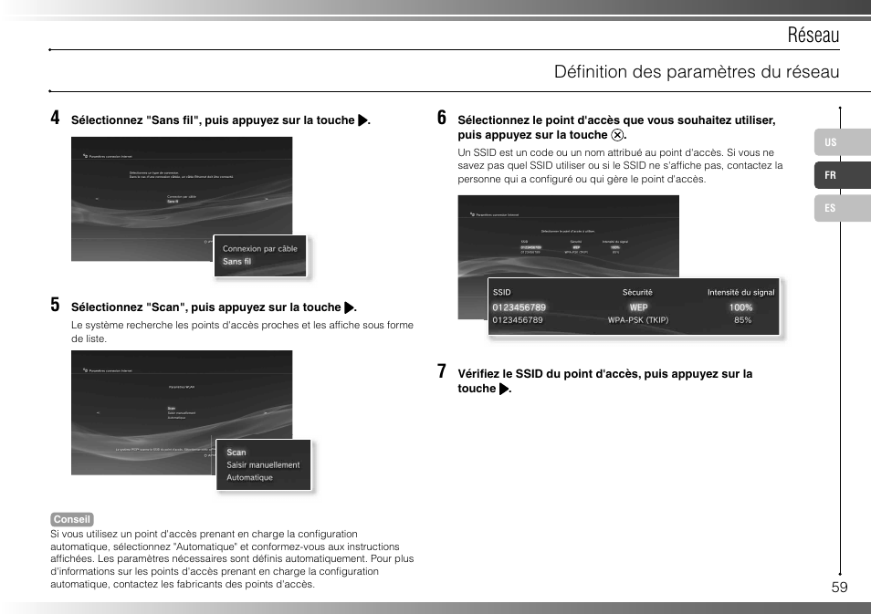 Réseau, Défi nition des paramètres du réseau | Sony 160GB Playstation 3 CECHP01 User Manual | Page 59 / 100