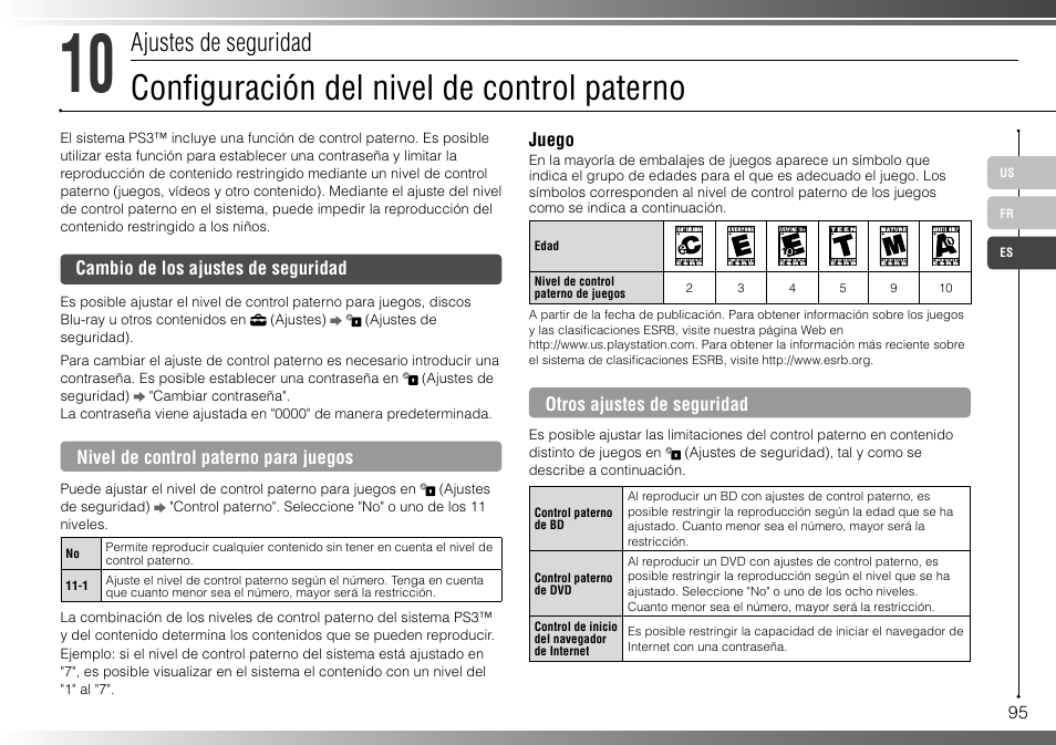 Confi guración del nivel de control paterno, Ajustes de seguridad | Sony 160GB Playstation 3 CECHP01 User Manual | Page 95 / 100