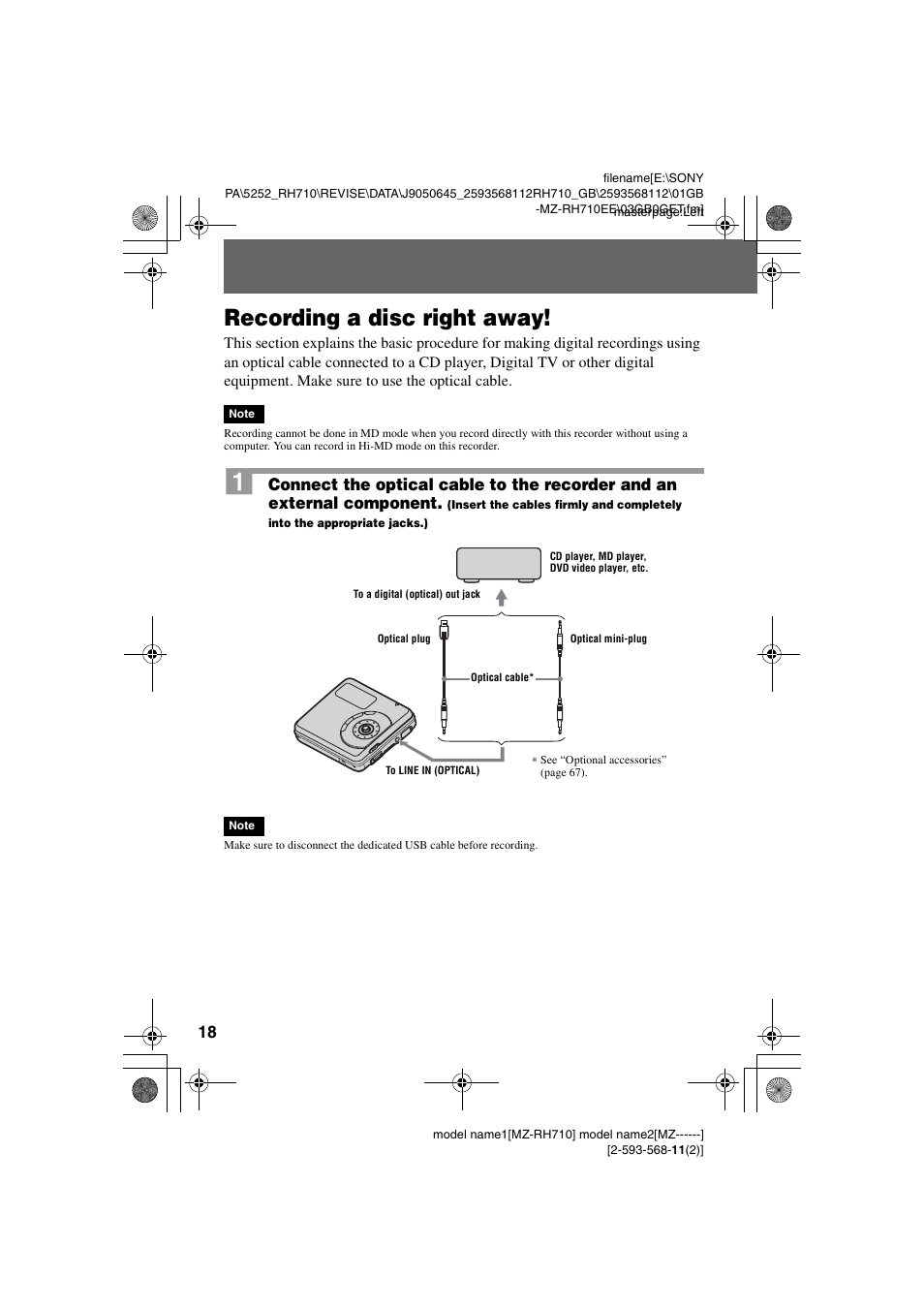 Recording a disc right away | Sony Portable MD Recorder MZ-RH710 User Manual | Page 18 / 115