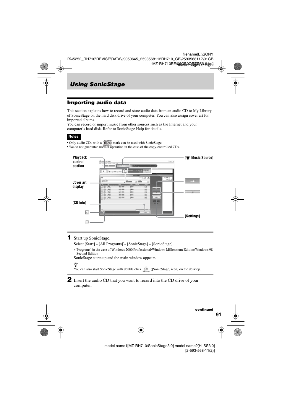 Using sonicstage, Importing audio data | Sony Portable MD Recorder MZ-RH710 User Manual | Page 91 / 115