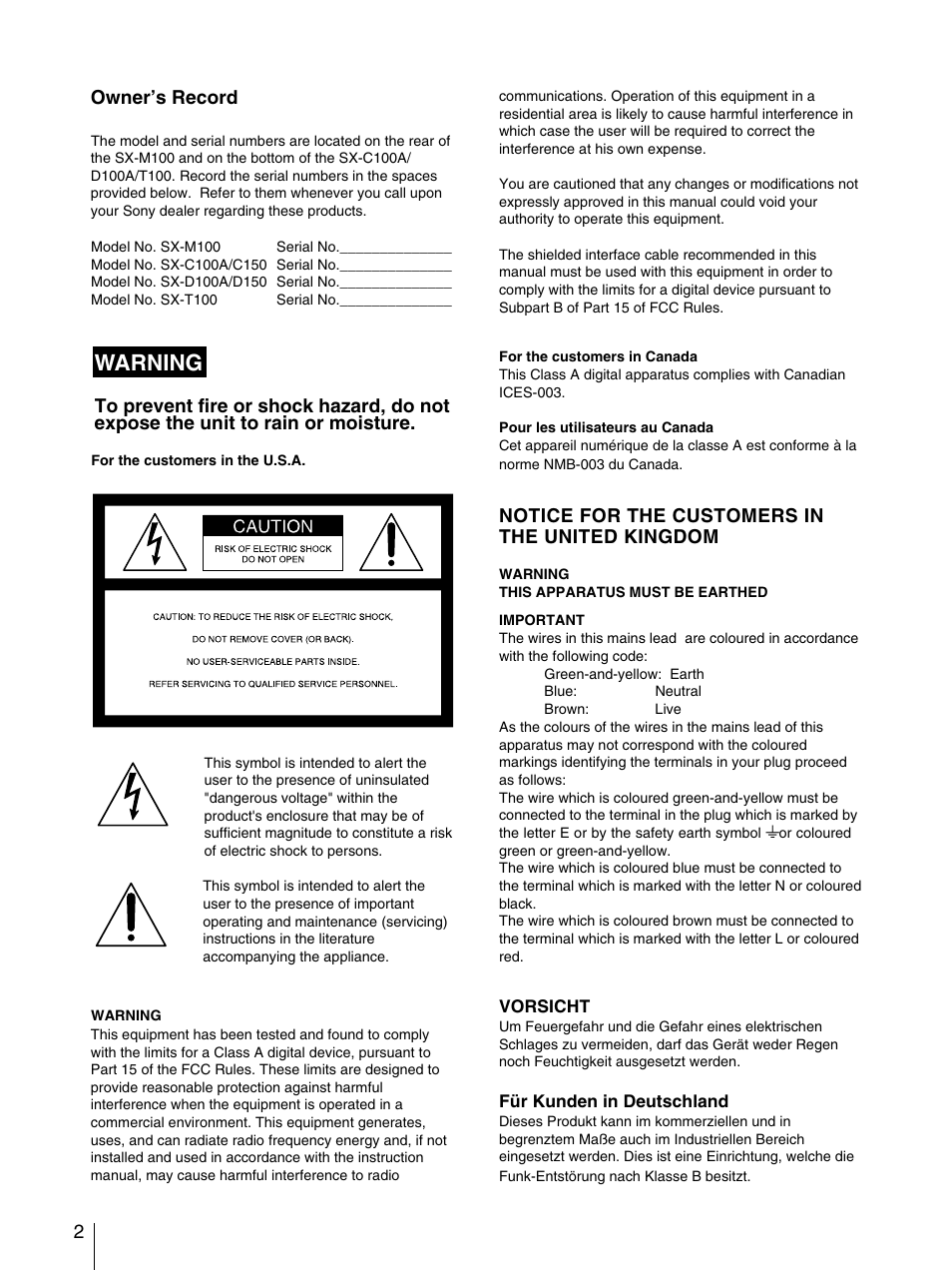 Warning, 2owner’s record, Notice for the customers in the united kingdom | Sony SX-M100 User Manual | Page 2 / 24