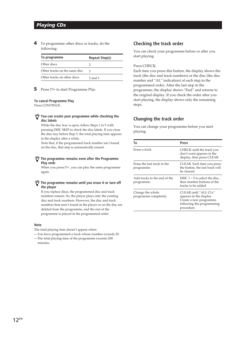 Playing cds, Checking the track order, Changing the track order | Sony CDP-CE405 User Manual | Page 12 / 78