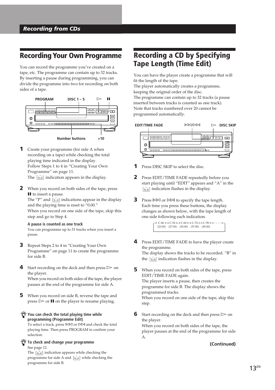 Recording your own programme, Recording from cds, Recording from cds recording from cds | Sony CDP-CE405 User Manual | Page 13 / 78