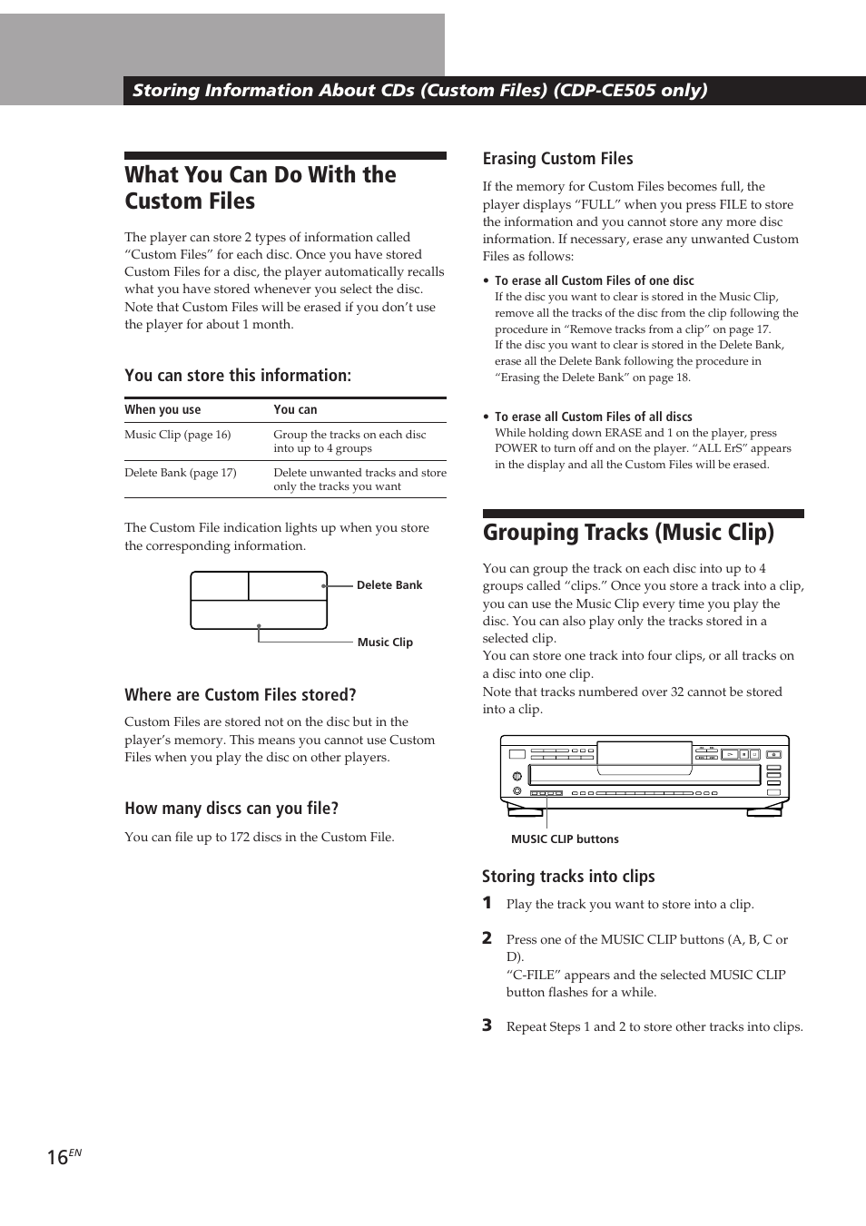 What you can do with the custom files, Grouping tracks (music clip) | Sony CDP-CE405 User Manual | Page 16 / 78