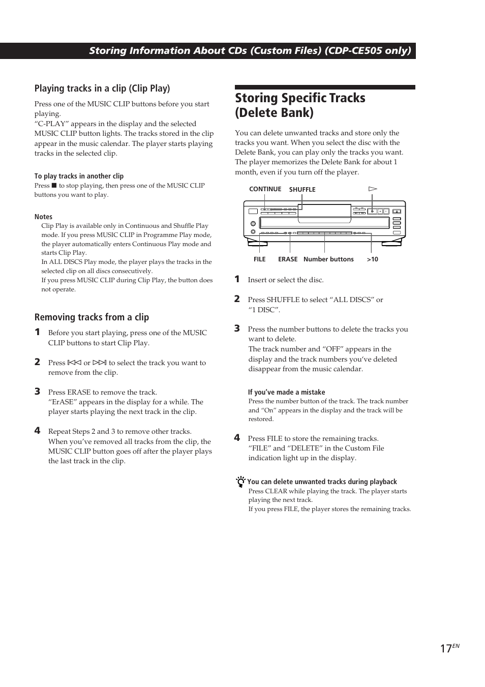 Storing specific tracks (delete bank), Recording from cds, Removing tracks from a clip 1 | Sony CDP-CE405 User Manual | Page 17 / 78