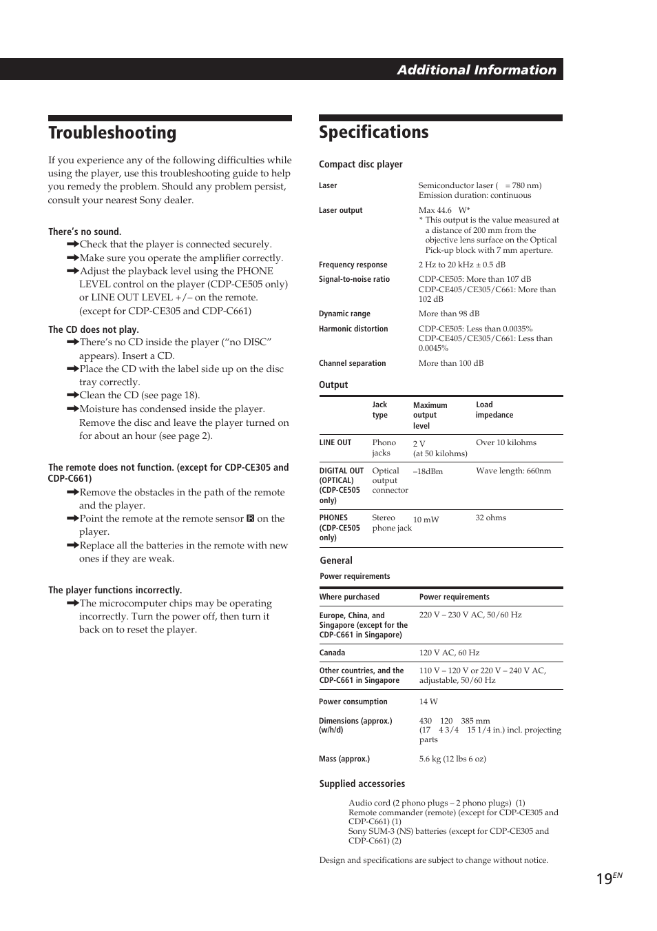 Troubleshooting, Specifications, Additional information | Sony CDP-CE405 User Manual | Page 19 / 78