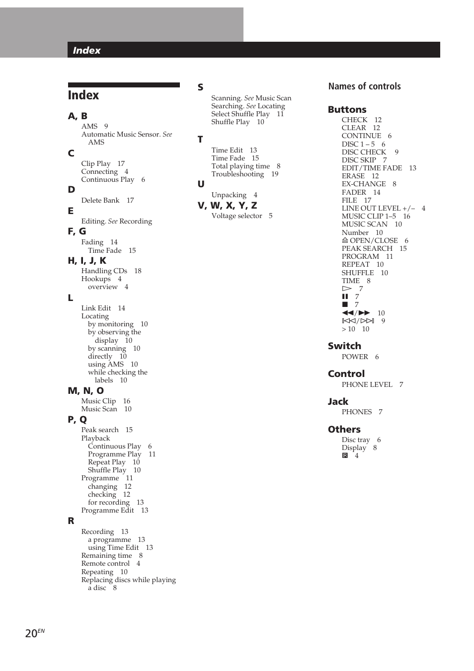 Index | Sony CDP-CE405 User Manual | Page 20 / 78