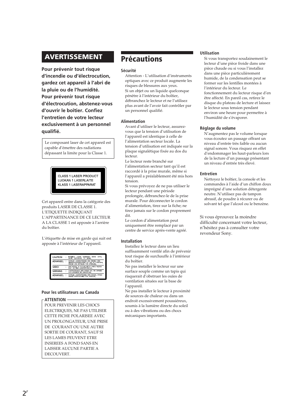 Précautions, Avertissement | Sony CDP-CE405 User Manual | Page 21 / 78