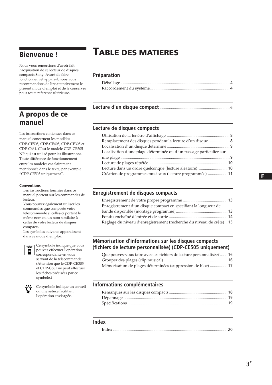 Able des matieres, A propos de ce manuel, Bienvenue | Sony CDP-CE405 User Manual | Page 22 / 78