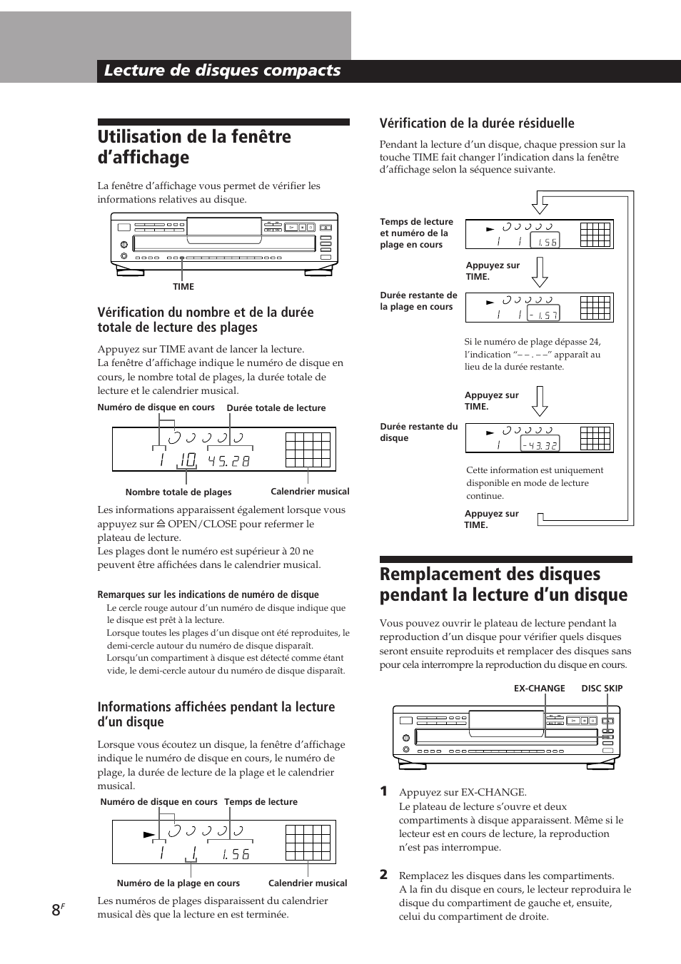Utilisation de la fenêtre d’affichage, Lecture de disques compacts, Vérification de la durée résiduelle | Sony CDP-CE405 User Manual | Page 27 / 78