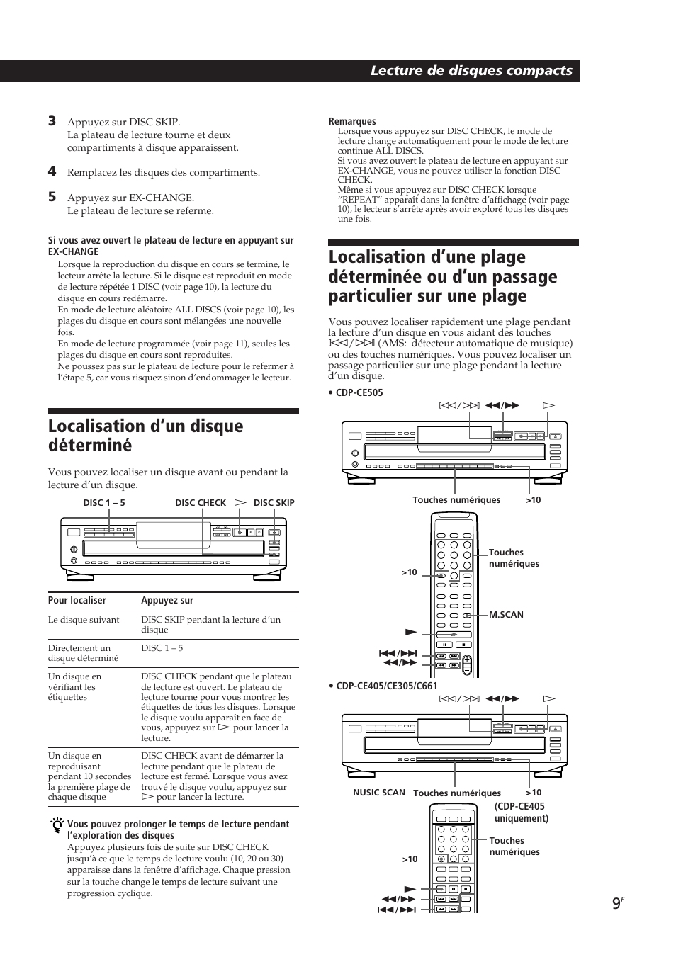 Localisation d’un disque déterminé, Lecture de disques compacts | Sony CDP-CE405 User Manual | Page 28 / 78