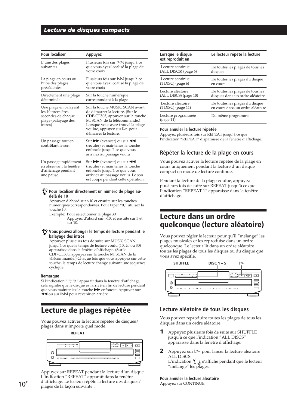 Lecture de plages répétée, Lecture de disques compacts, Répéter la lecture de la plage en cours | Lecture aléatoire de tous les disques | Sony CDP-CE405 User Manual | Page 29 / 78