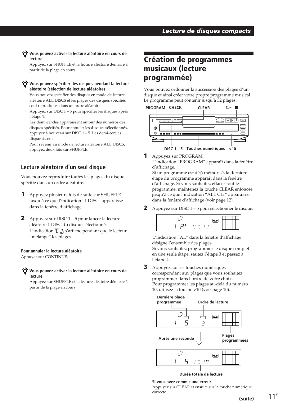 Lecture de disques compacts, Lecture aléatoire d’un seul disque, Suite) | Sony CDP-CE405 User Manual | Page 30 / 78