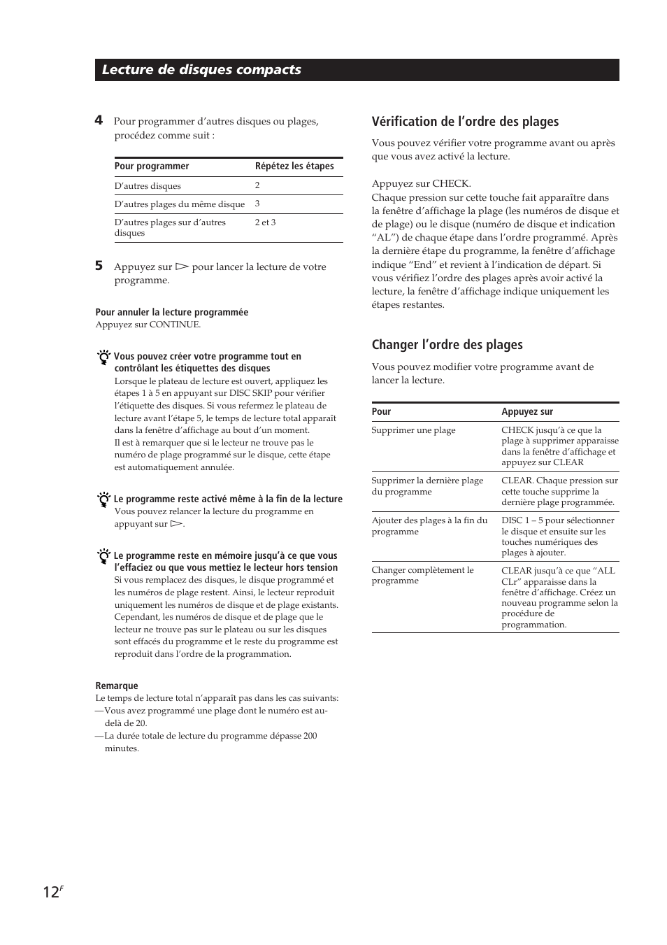 Lecture de disques compacts, Vérification de l’ordre des plages, Changer l’ordre des plages | Sony CDP-CE405 User Manual | Page 31 / 78