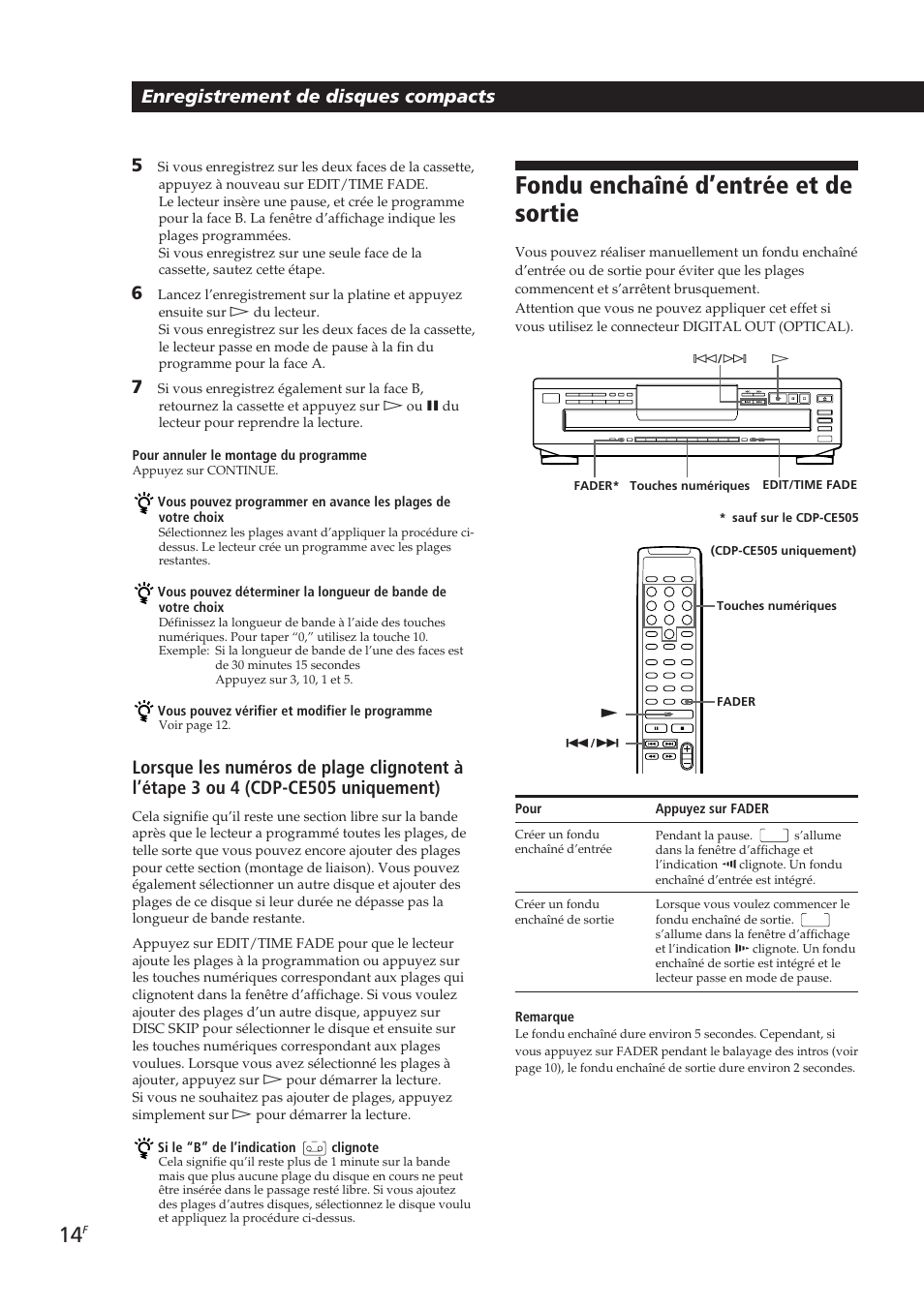 Fondu enchaîné d’entrée et de sortie, Enregistrement de disques compacts | Sony CDP-CE405 User Manual | Page 33 / 78