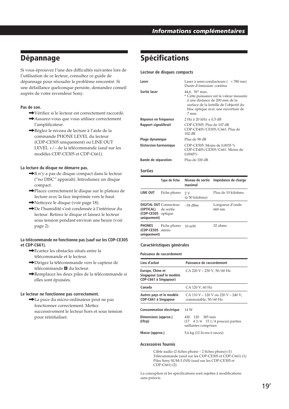 Dépannage, Spécifications, Informations complémentaires | Sony CDP-CE405 User Manual | Page 38 / 78