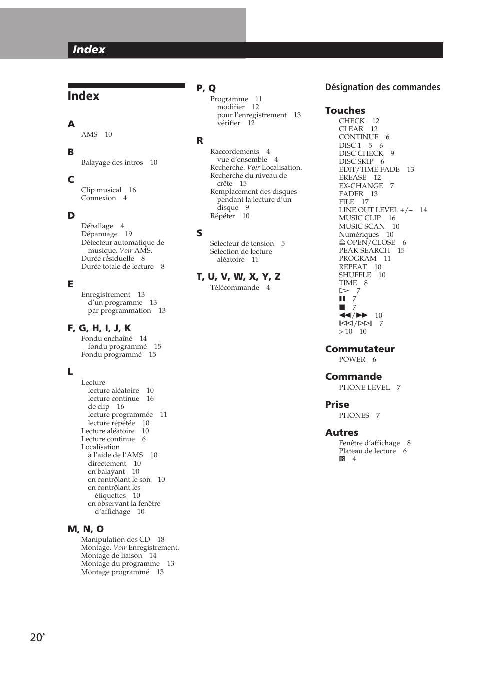 Index, Informations complémentaires, Désignation des commandes touches | Commutateur, Commande, Prise, Autres, P, q, T, u, v, w, x, y, z, F, g, h, i, j, k | Sony CDP-CE405 User Manual | Page 39 / 78