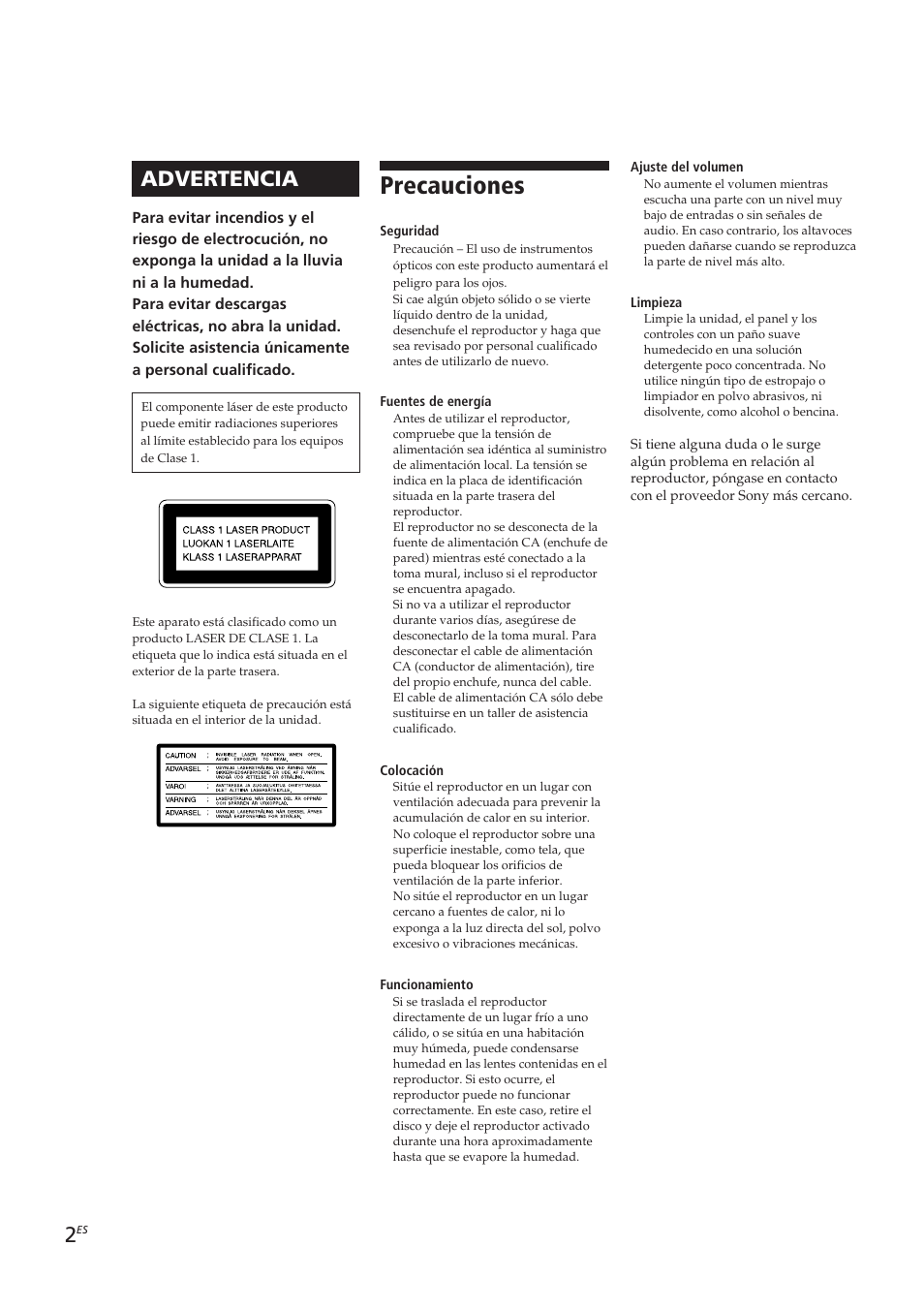 Precauciones, Advertencia | Sony CDP-CE405 User Manual | Page 40 / 78