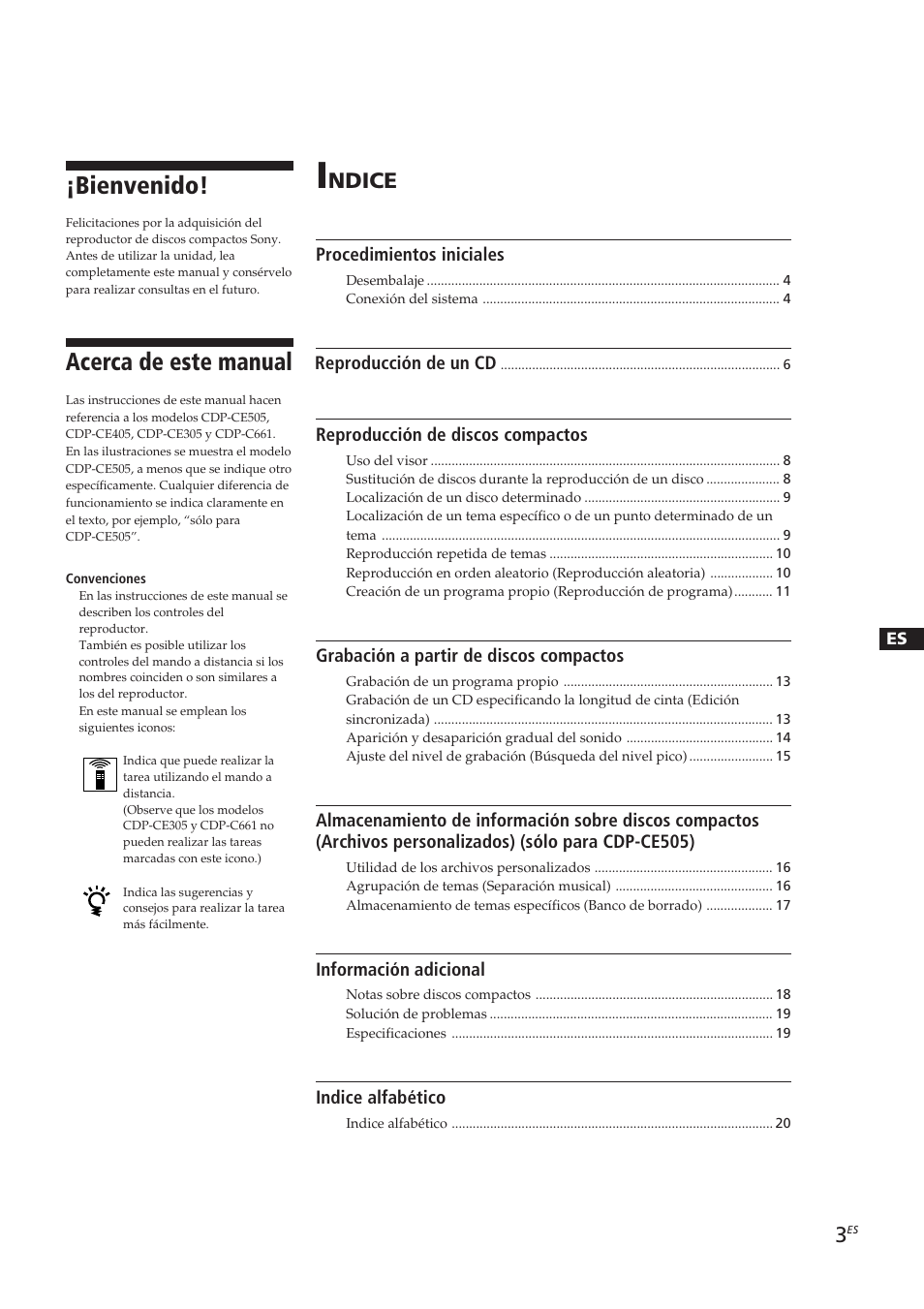 Acerca de este manual, Bienvenido, Ndice | Sony CDP-CE405 User Manual | Page 41 / 78