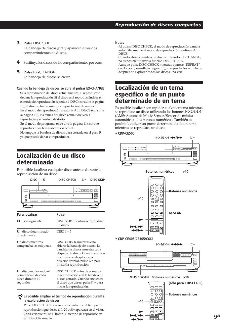Localización de un disco determinado, Reproducción de discos compactos | Sony CDP-CE405 User Manual | Page 47 / 78