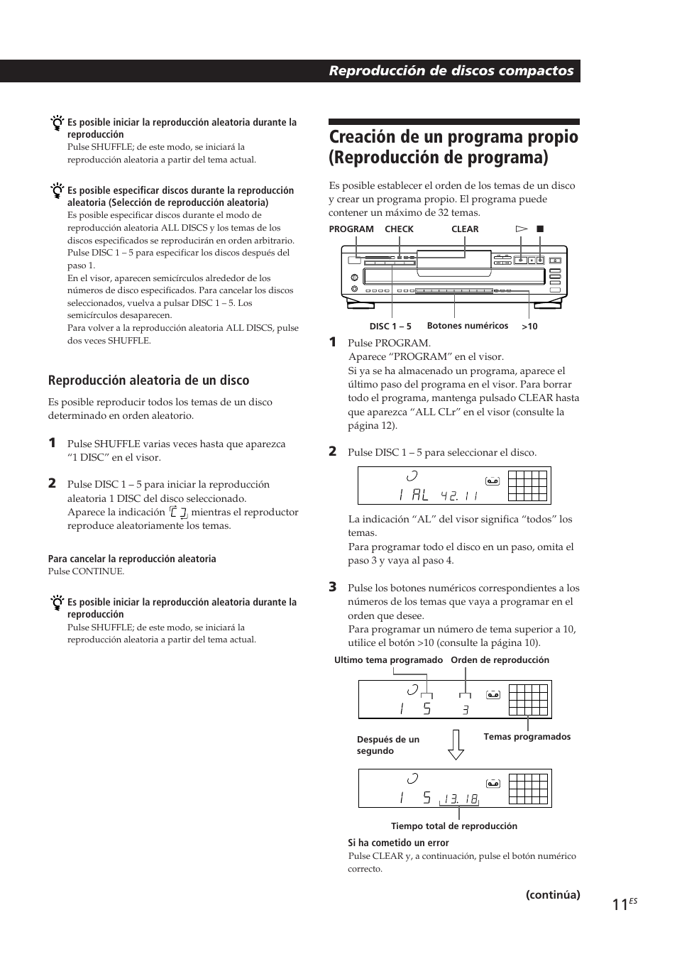 Reproducción de discos compactos, Reproducción aleatoria de un disco, Continúa) | Sony CDP-CE405 User Manual | Page 49 / 78