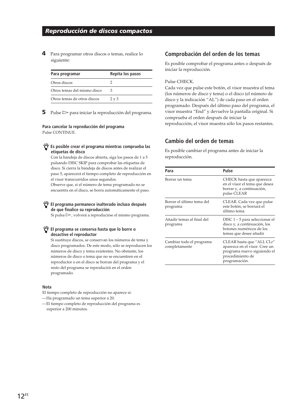 Reproducción de discos compactos, Comprobación del orden de los temas, Cambio del orden de temas | Sony CDP-CE405 User Manual | Page 50 / 78