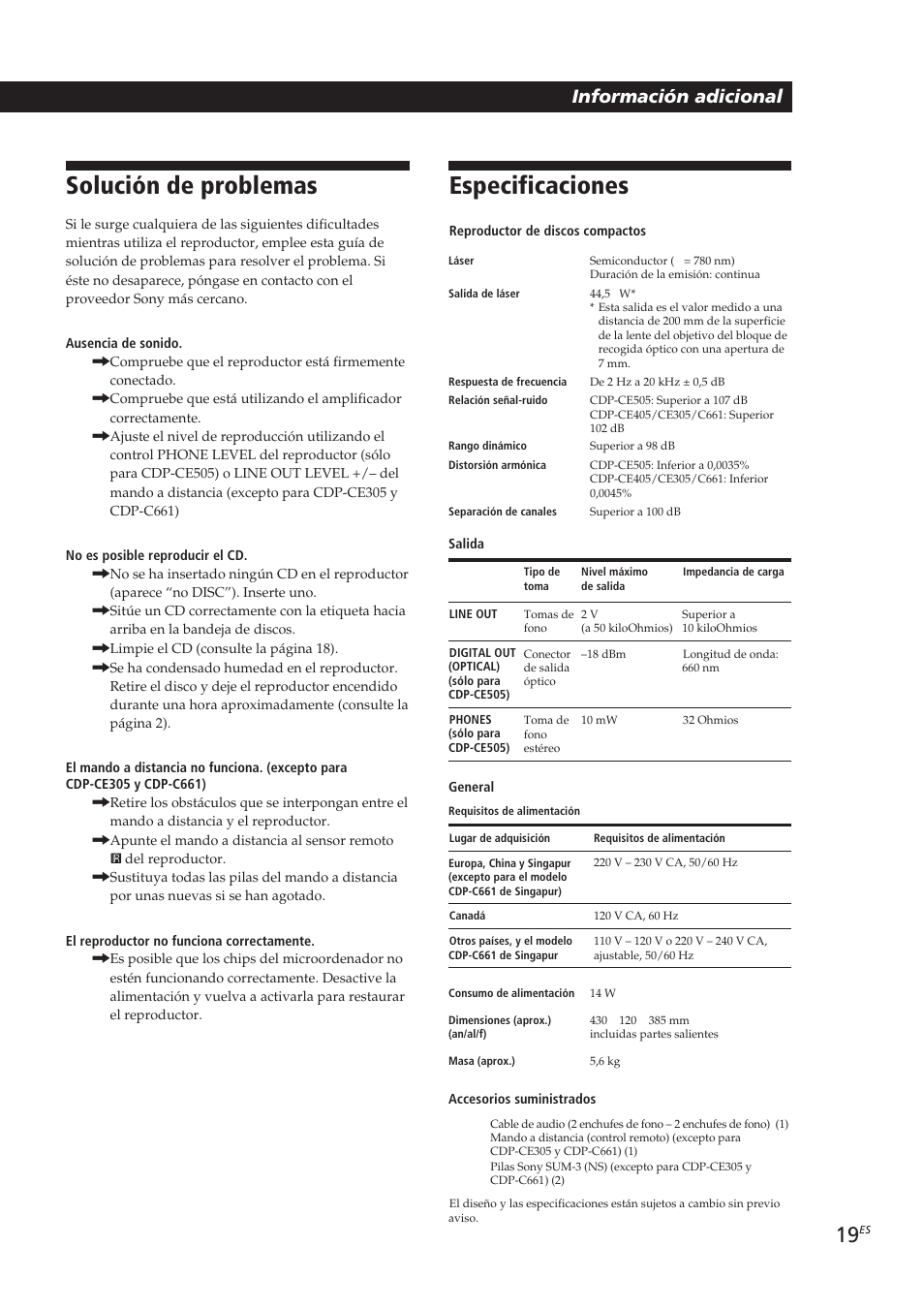 Solución de problemas, Especificaciones, Información adicional | Sony CDP-CE405 User Manual | Page 57 / 78
