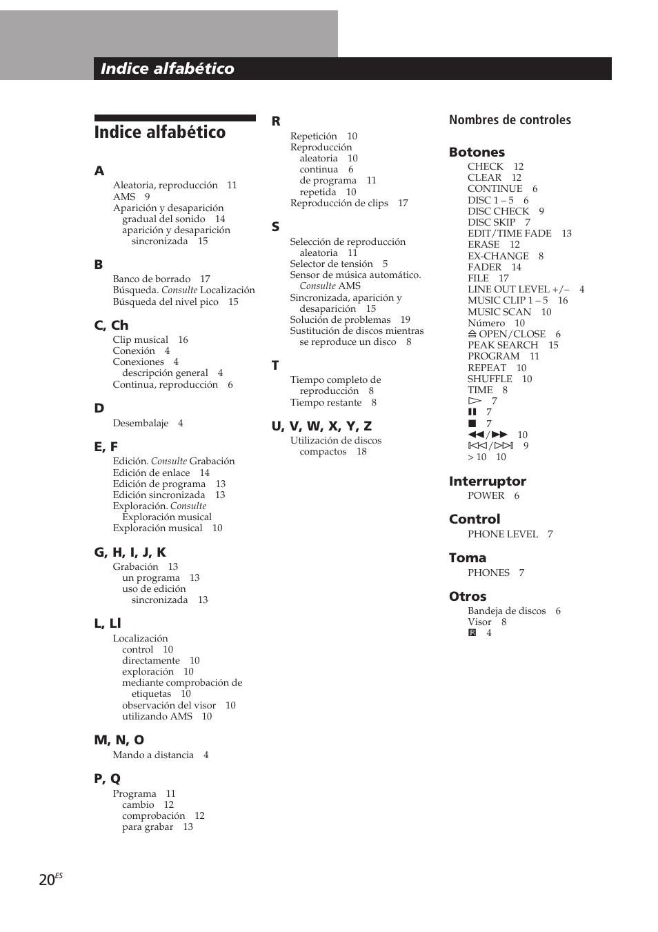 Indice alfabético, Información adicional, Nombres de controles botones | Interruptor, Control, Toma, Otros, U, v, w, x, y, z, C, ch, E, f | Sony CDP-CE405 User Manual | Page 58 / 78