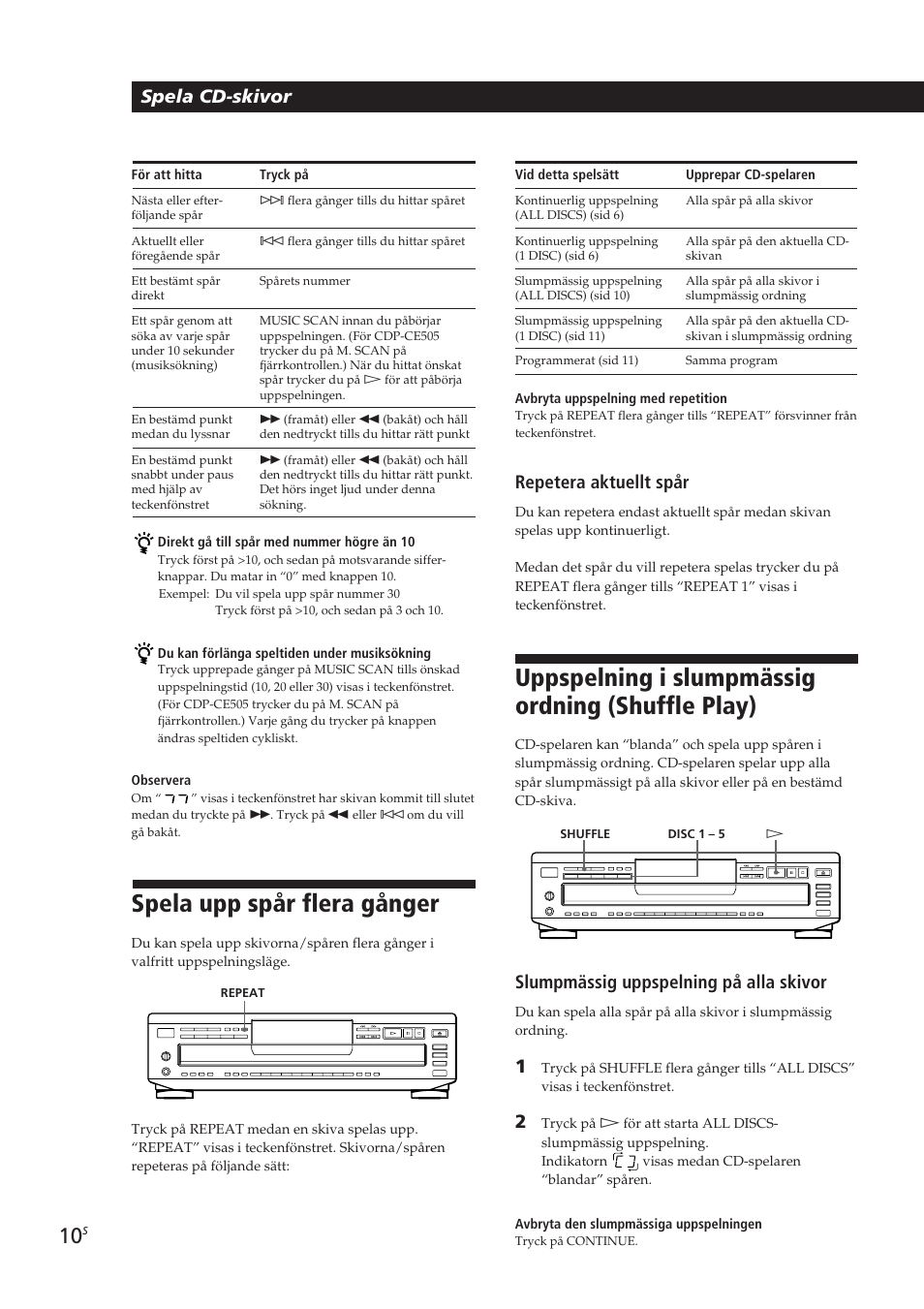 Spela upp spår flera gånger, Uppspelning i slumpmässig ordning (shuffle play), Spela cd-skivor | Repetera aktuellt spår, Slumpmässig uppspelning på alla skivor | Sony CDP-CE405 User Manual | Page 67 / 78
