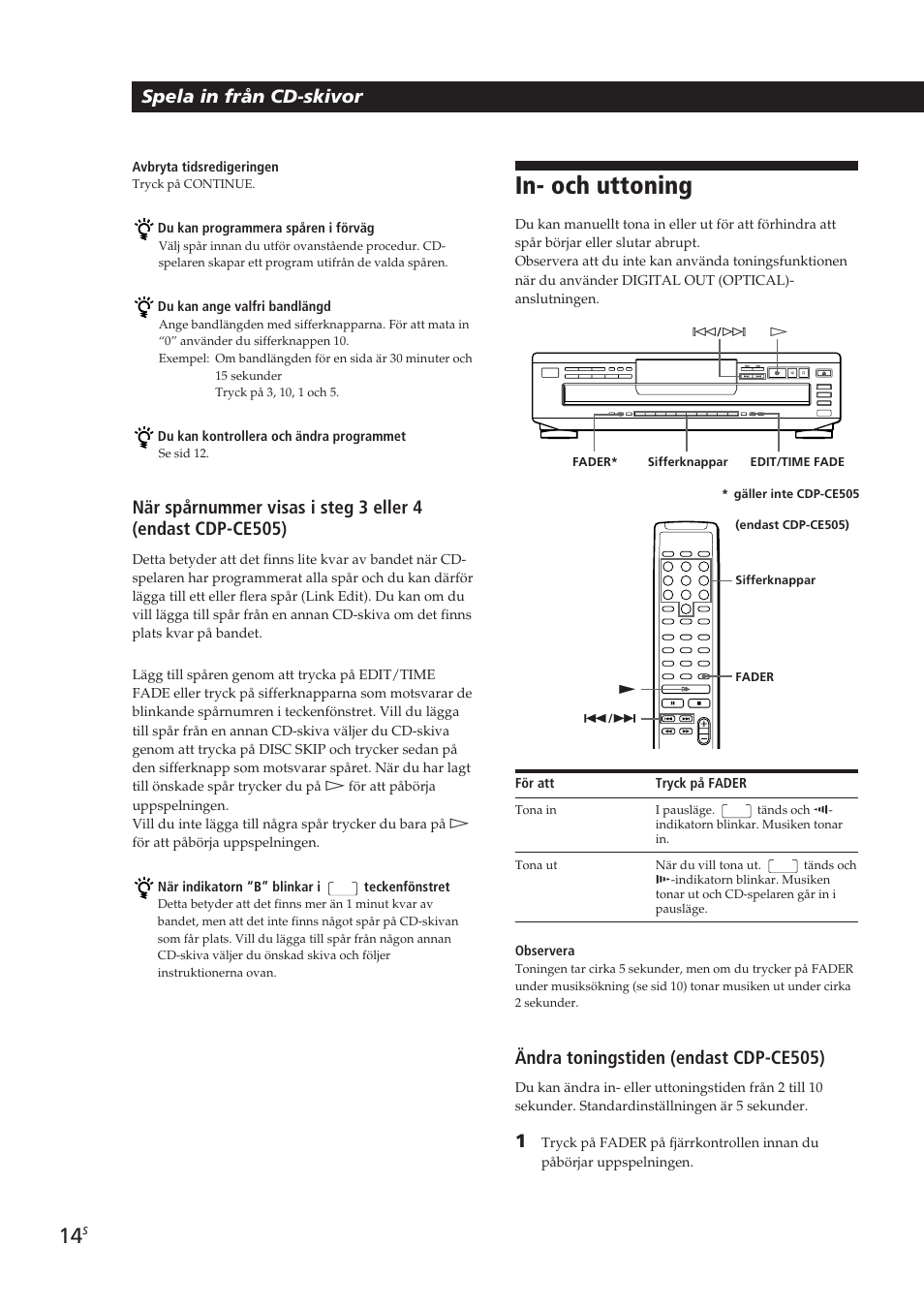 In- och uttoning, Spela in från cd-skivor, Ändra toningstiden (endast cdp-ce505) | Sony CDP-CE405 User Manual | Page 71 / 78