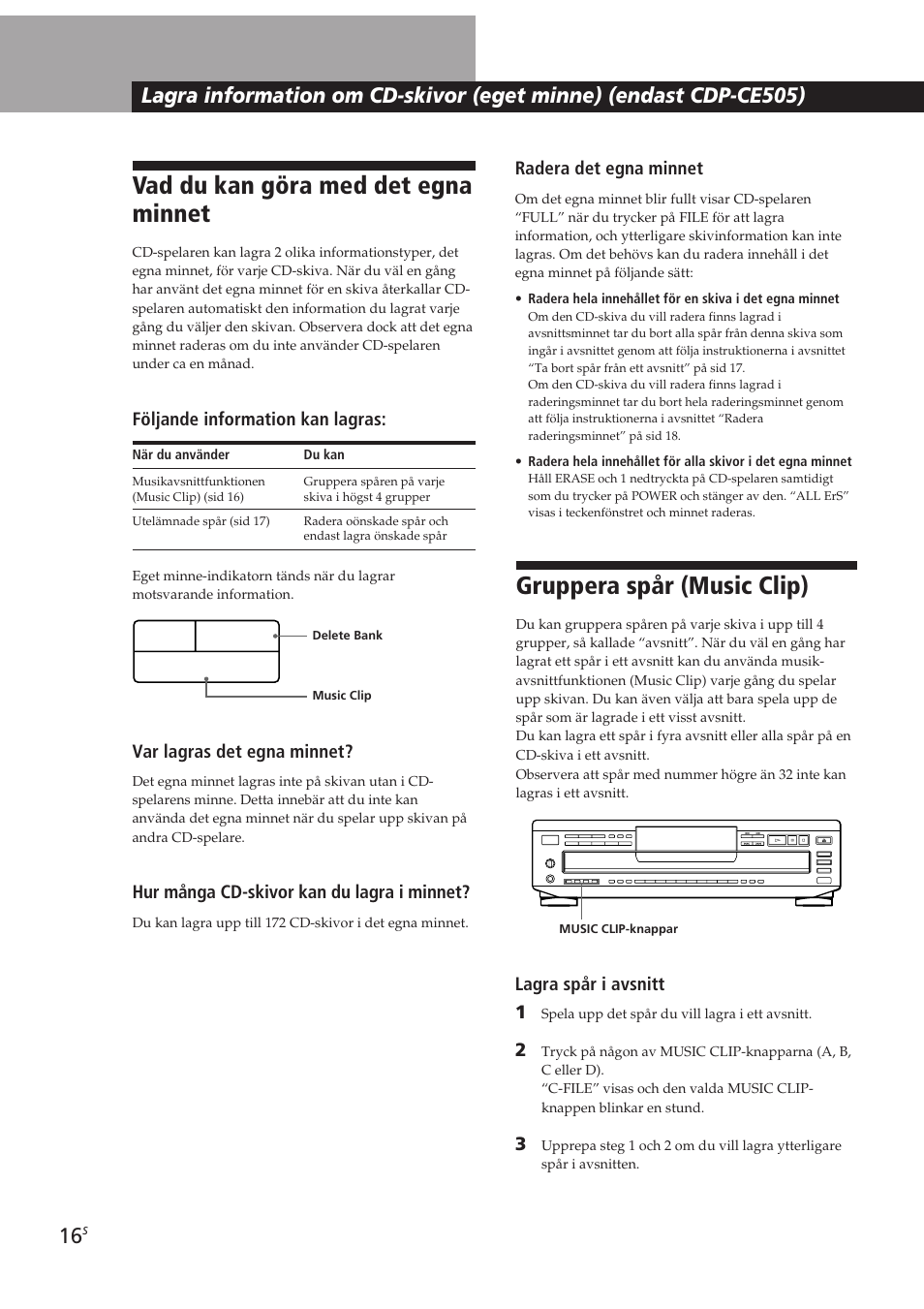 Vad du kan göra med det egna minnet, Gruppera spår (music clip) | Sony CDP-CE405 User Manual | Page 73 / 78