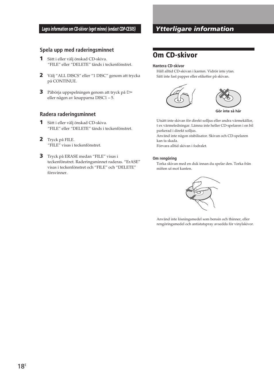 Om cd-skivor, Ytterligare information, Spela upp med raderingsminnet 1 | Radera raderingsminnet 1 | Sony CDP-CE405 User Manual | Page 75 / 78