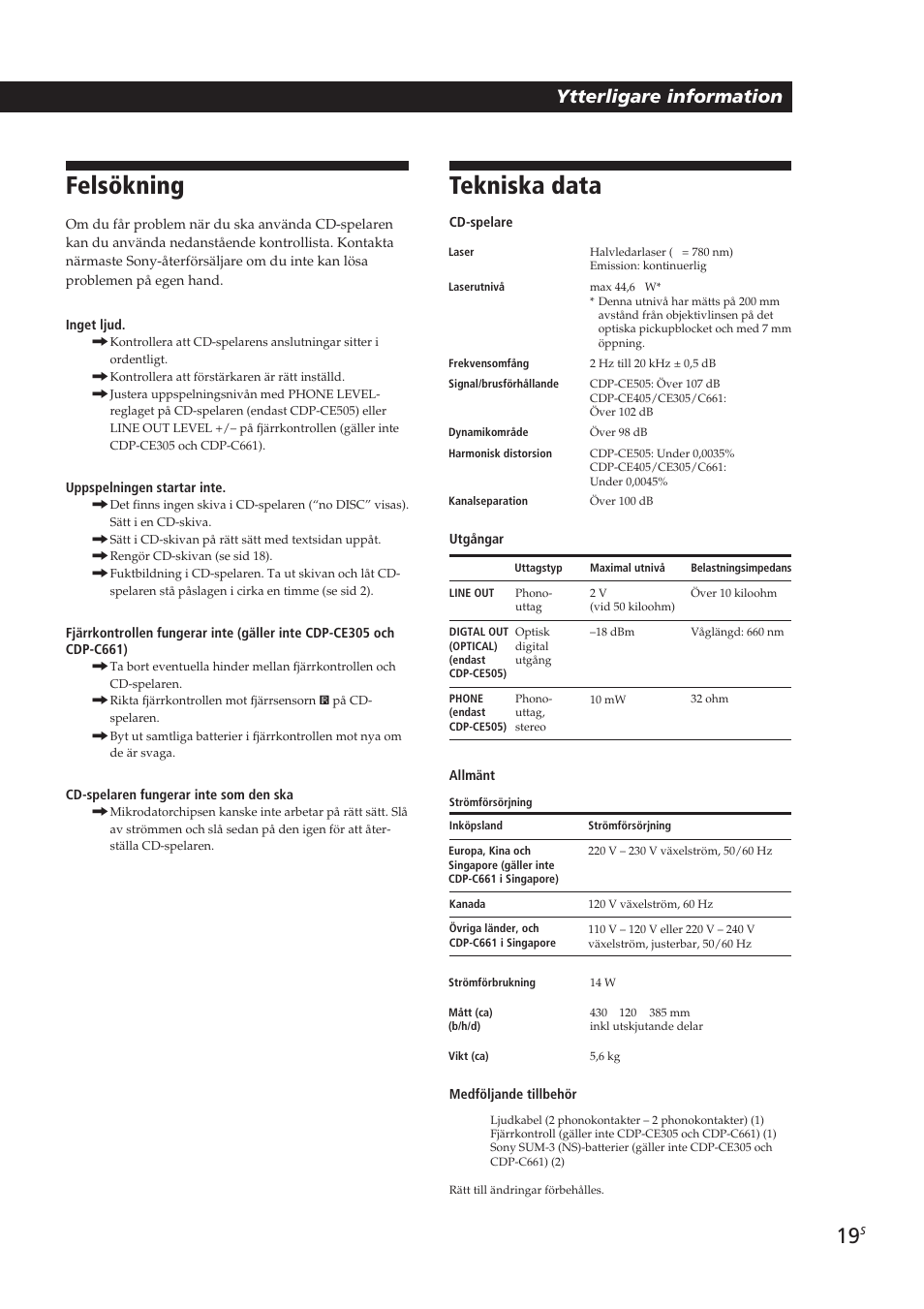 Felsökning, Tekniska data, Ytterligare information | Sony CDP-CE405 User Manual | Page 76 / 78