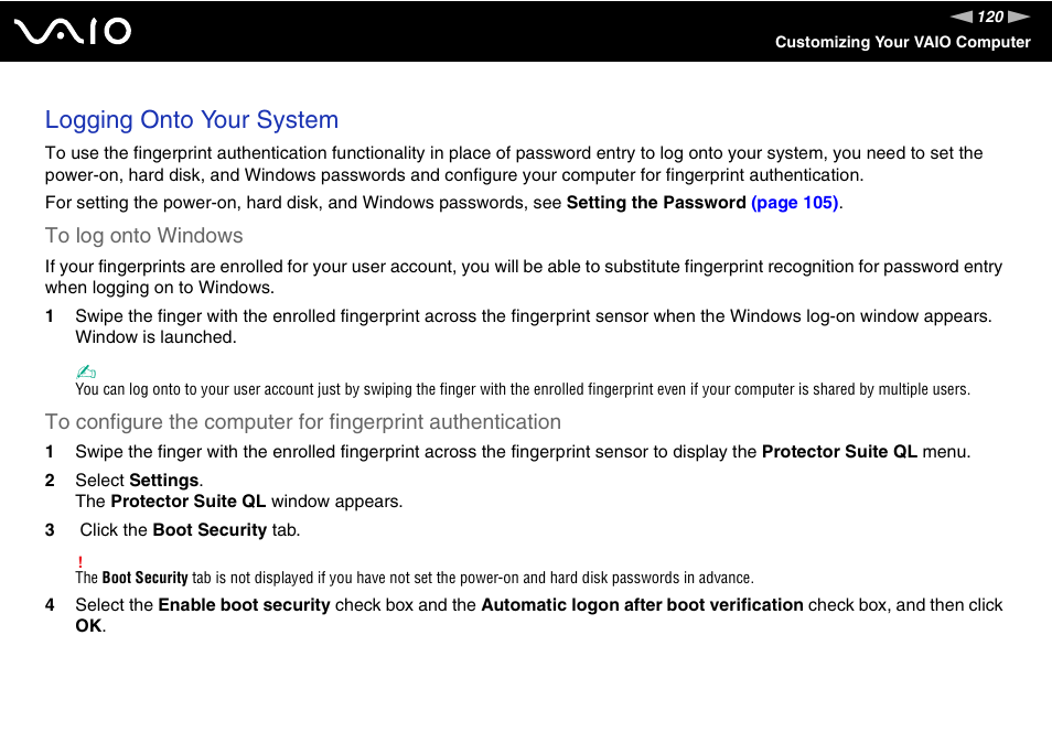 Logging onto your system | Sony VGN-SZ300 User Manual | Page 120 / 230