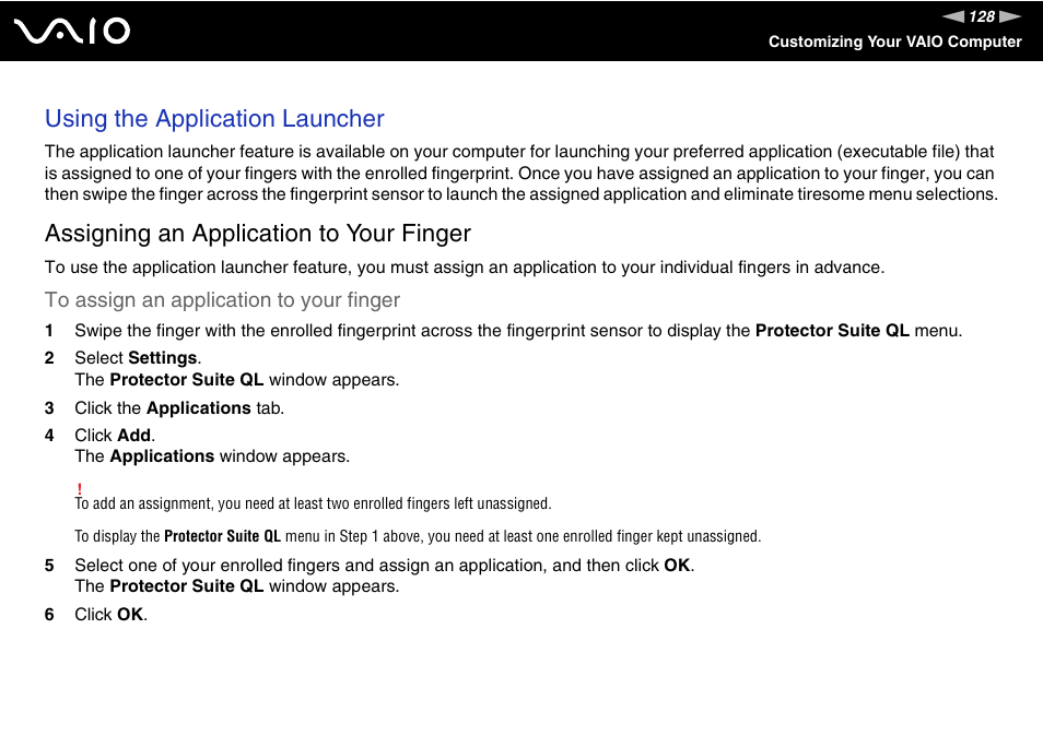 Using the application launcher, Assigning an application to your finger | Sony VGN-SZ300 User Manual | Page 128 / 230