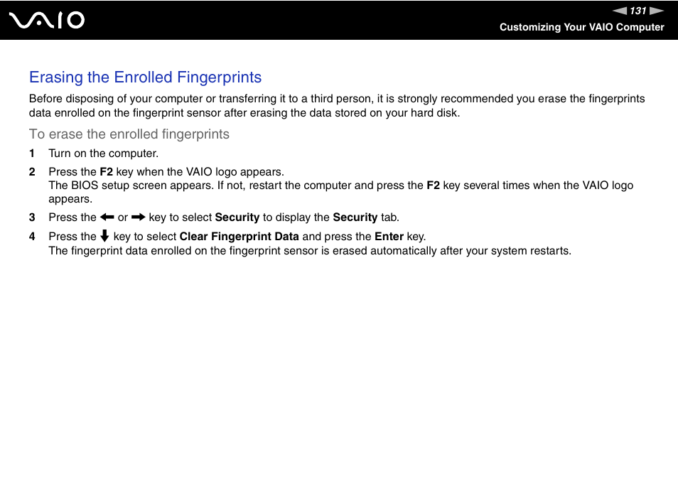 Erasing the enrolled fingerprints | Sony VGN-SZ300 User Manual | Page 131 / 230