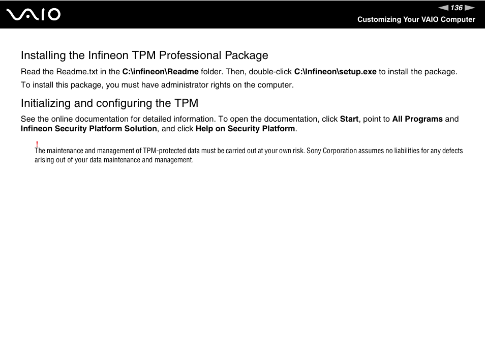 Installing the infineon tpm professional package, Initializing and configuring the tpm | Sony VGN-SZ300 User Manual | Page 136 / 230