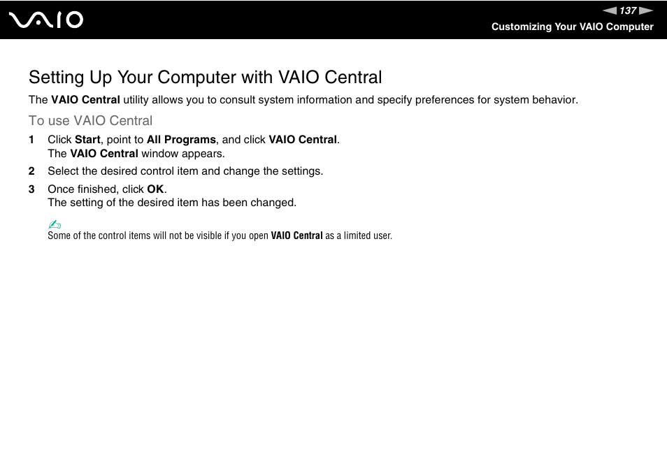 Setting up your computer with vaio central | Sony VGN-SZ300 User Manual | Page 137 / 230