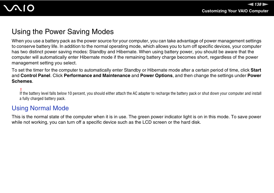 Using the power saving modes, Using normal mode | Sony VGN-SZ300 User Manual | Page 138 / 230